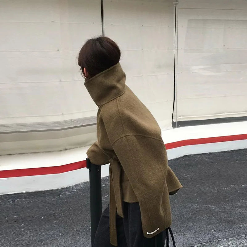 Double Breasted Cropped Jacket With Turn Down Collar for Women