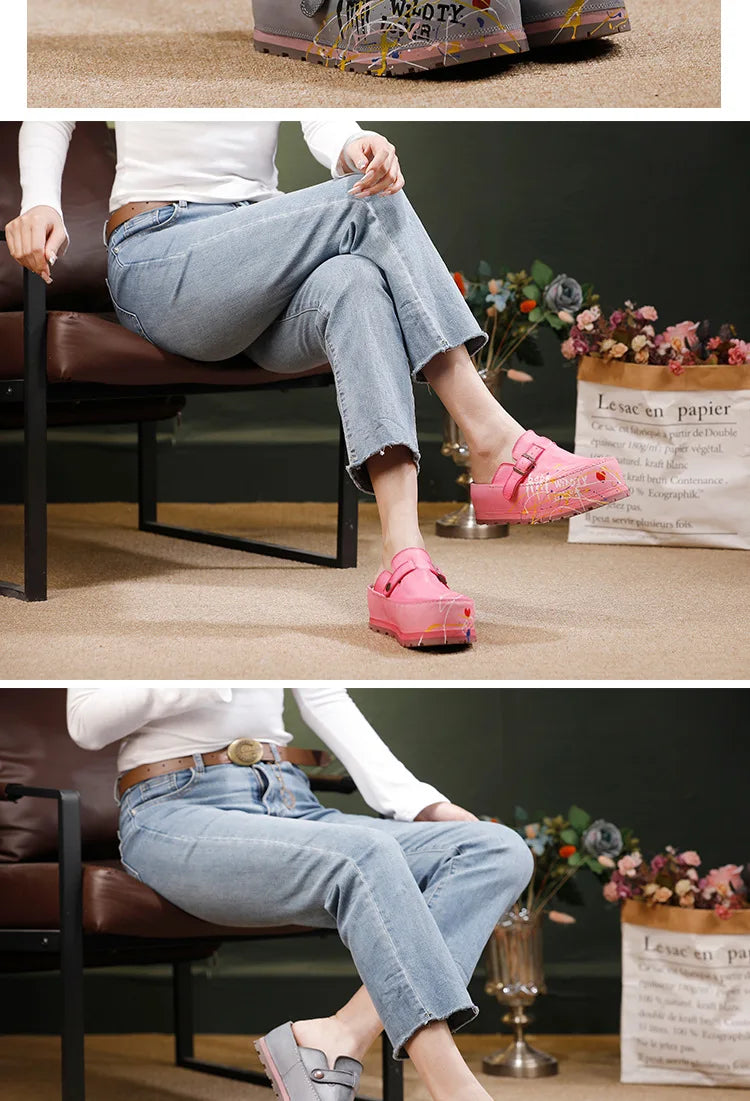 Hand Drawn Leather Platform Slippers with Round Toe for Women