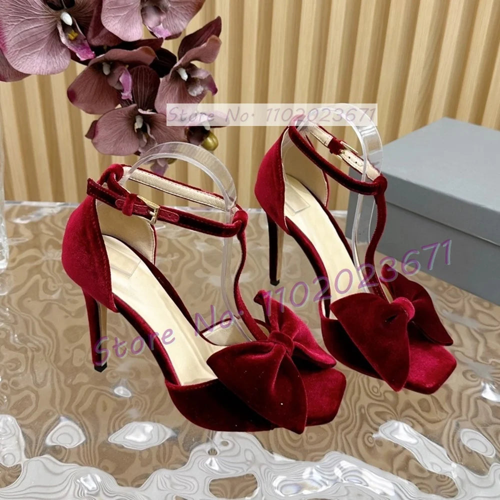 Bow-embellished Velvet Sandals Women's Luxury T Strap Square Toe High Heels Sandals Newest Luxury Party Trendy Cover Heel Shoes