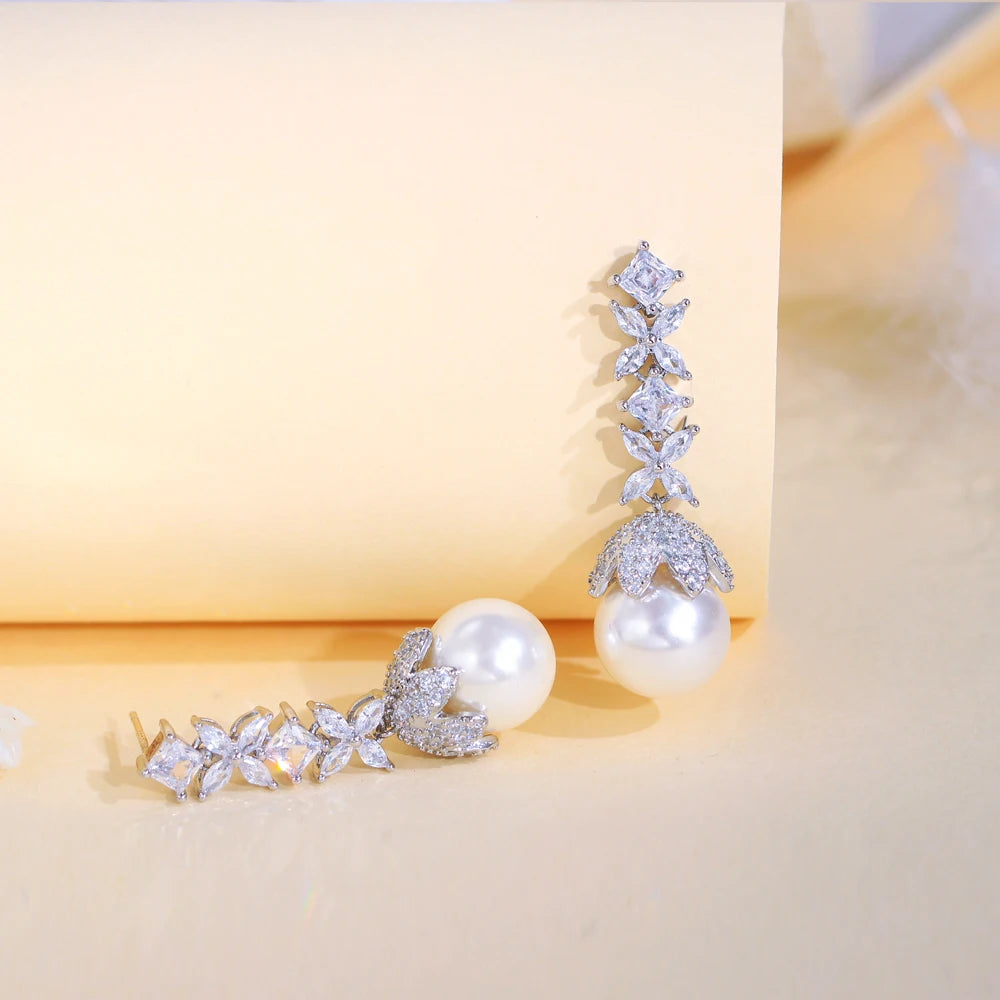 Elegant Cubic Zirconia Leaf Pearl Drop Earrings for Women