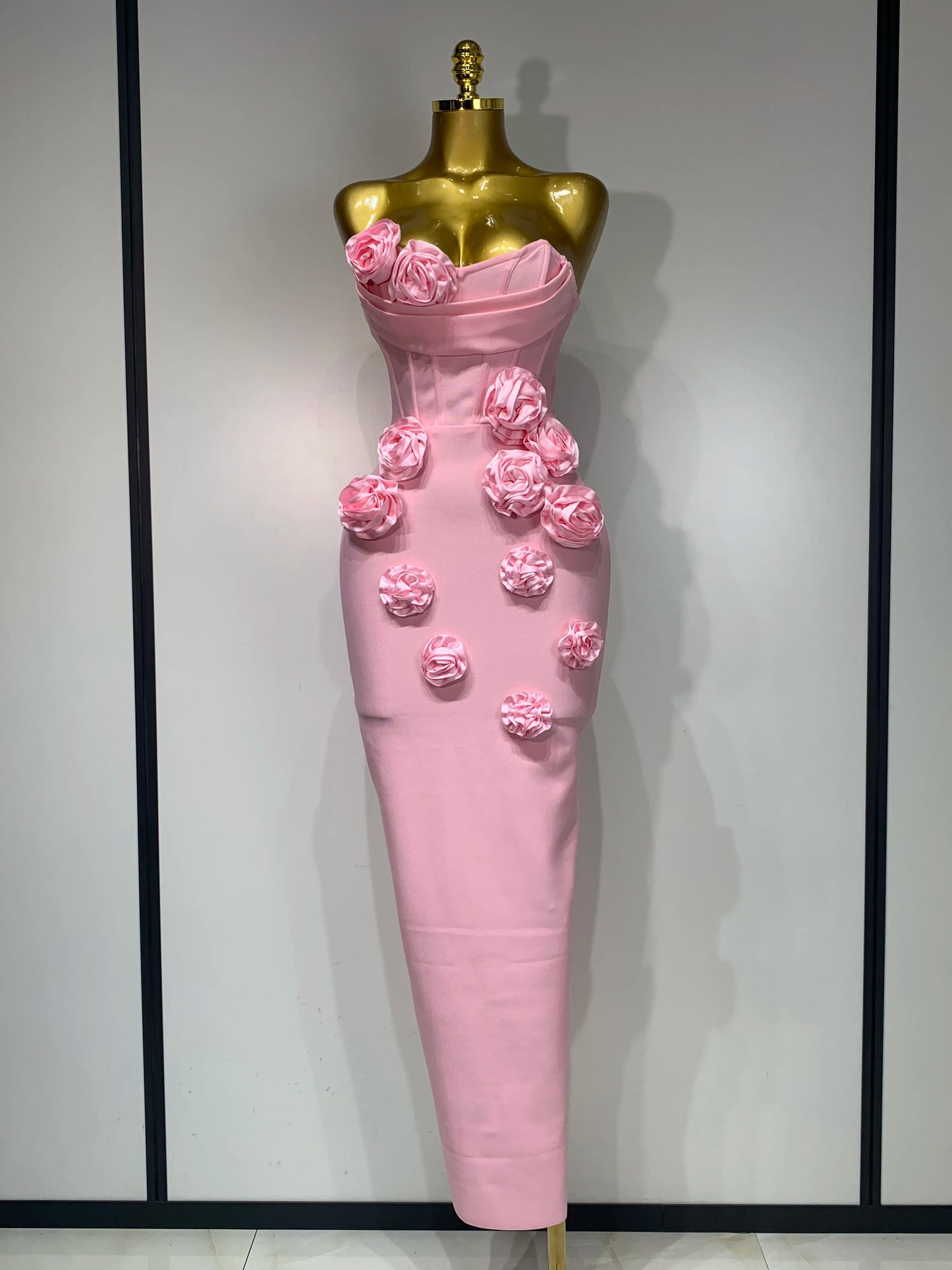 2025 Newest Women Sexy Strapless Backless Red Flower Midi Bandage Dress Celebirty Elegant Evening Club Party Birthday Dresses