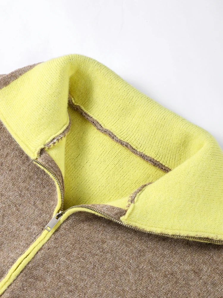 Fuzz Yellow Contrast Long Sleeve With Zipper Coat for Women