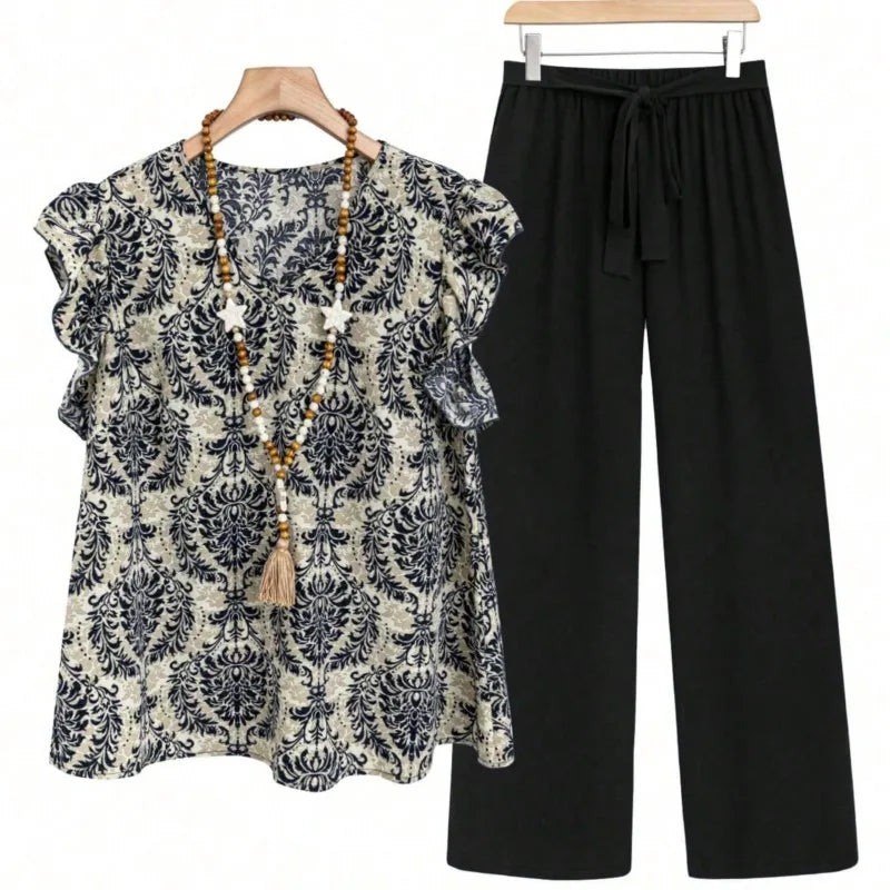 Casual 2 Piece Sets Women Outfit 2025 Summer Fashion Sleeveless Floral Print V-neck Shirts Tops And Pant Sets Elegant Suit