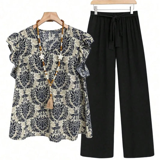 Casual 2 Piece Sets Women Outfit 2025 Summer Fashion Sleeveless Floral Print V-neck Shirts Tops And Pant Sets Elegant Suit