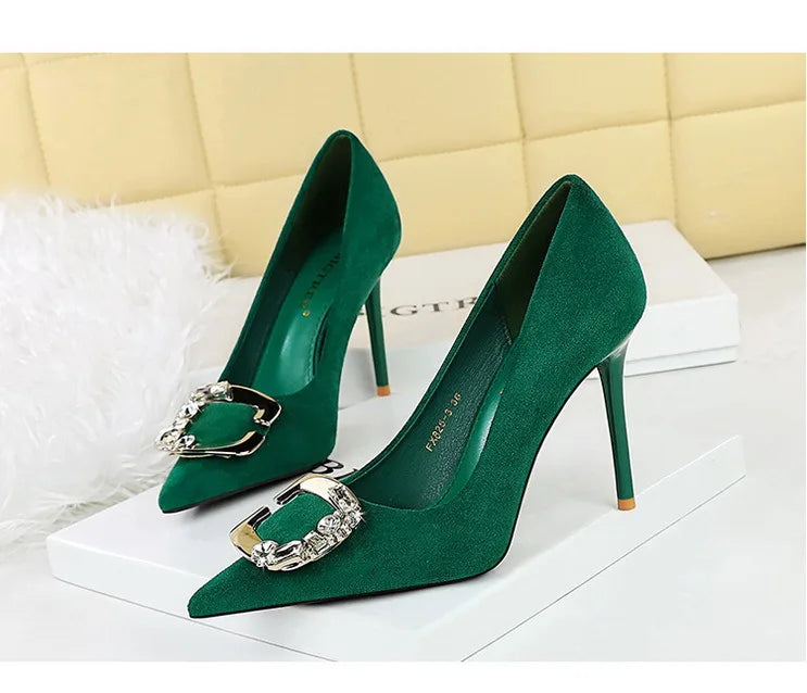 Elegant Rhinestone Buckle Suede High Heel Pumps for Women