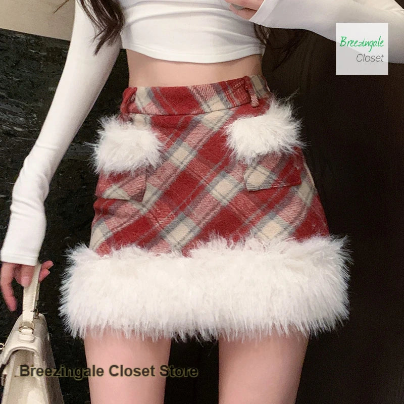 Classic Red Plaid High Waisted Pocket Skirt for Women