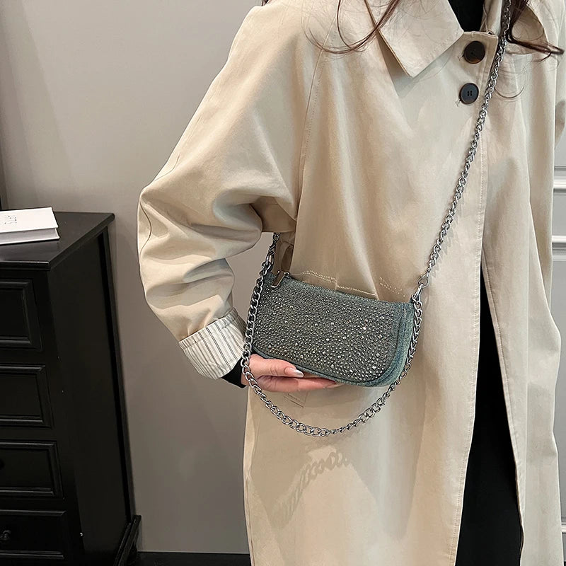 Rhinestone Appliqued Chain Shoulder Crossbody Bags for Women