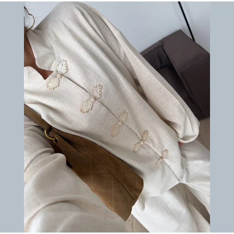 Casual Cotton Coat And Wide Leg Trouser Set for Women