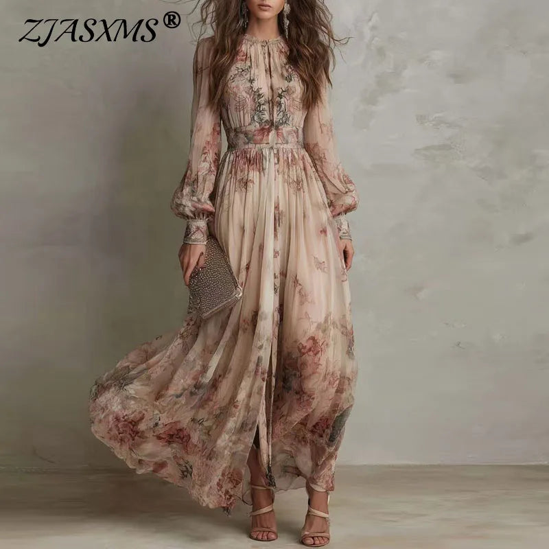 Vintage Floral Pleated Long Sleeve Maxi Dress for Women