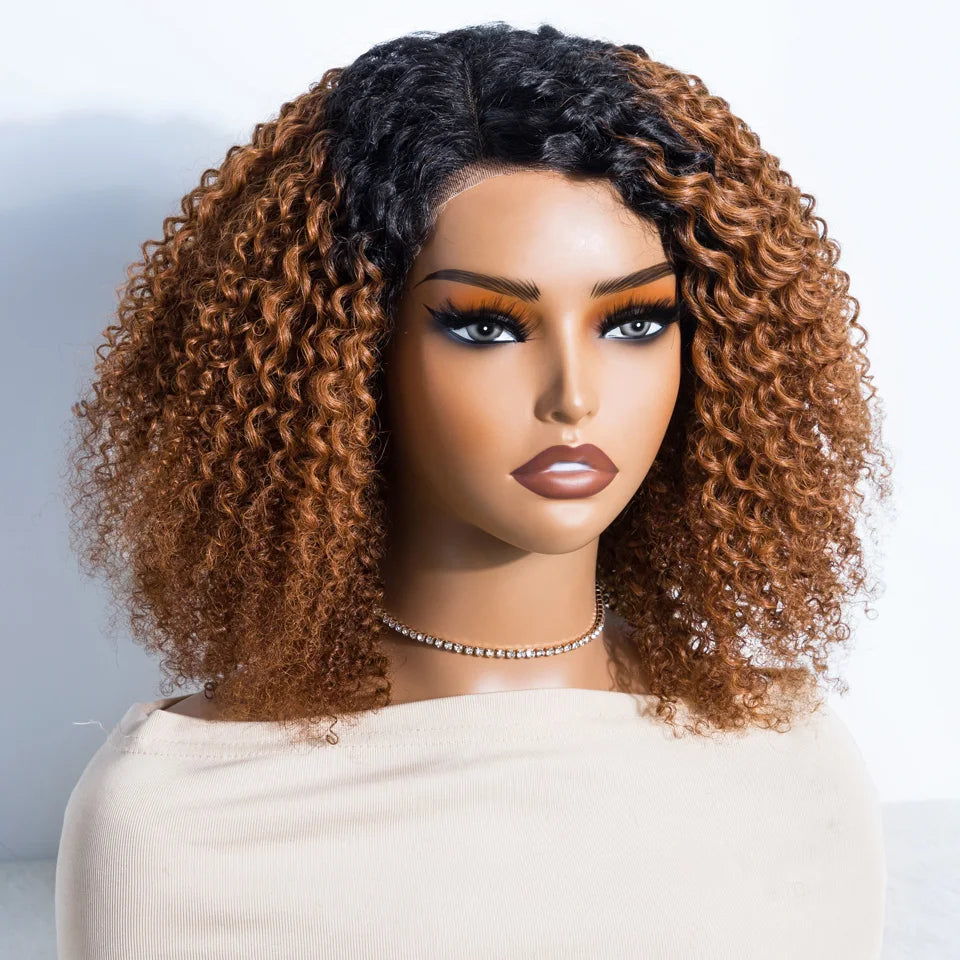 Ombre Brown Kinky Curly Glueless Bob Lace Wig for Women