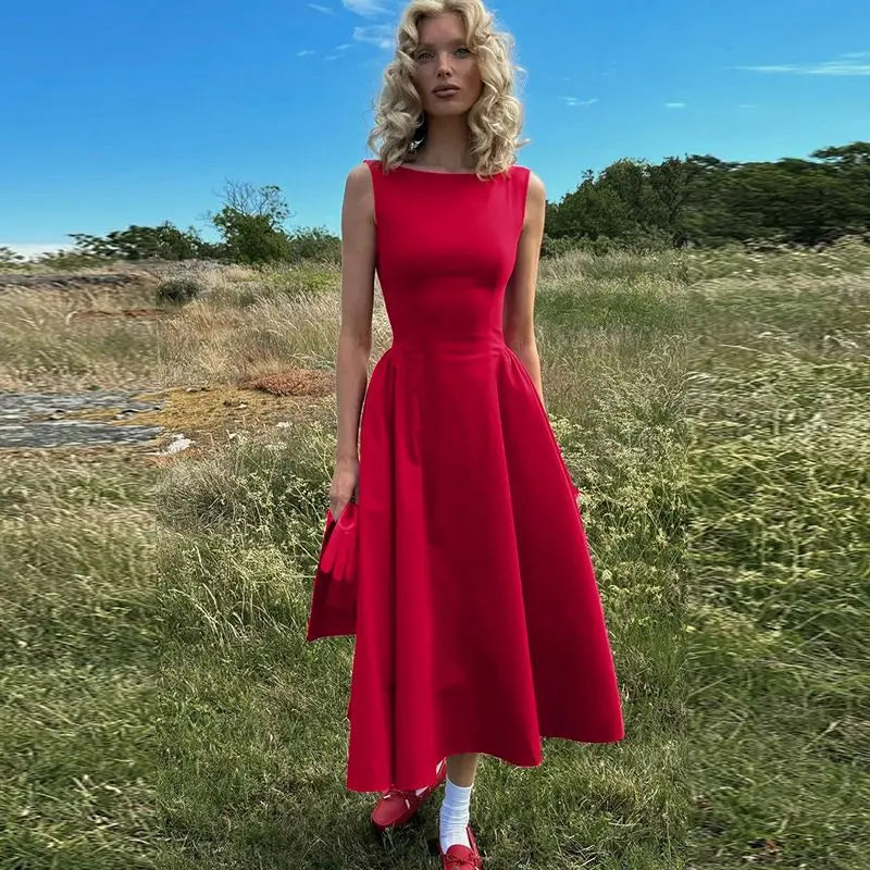 Solid Color Sleeveless Backless Dress with Waist Tie for Women