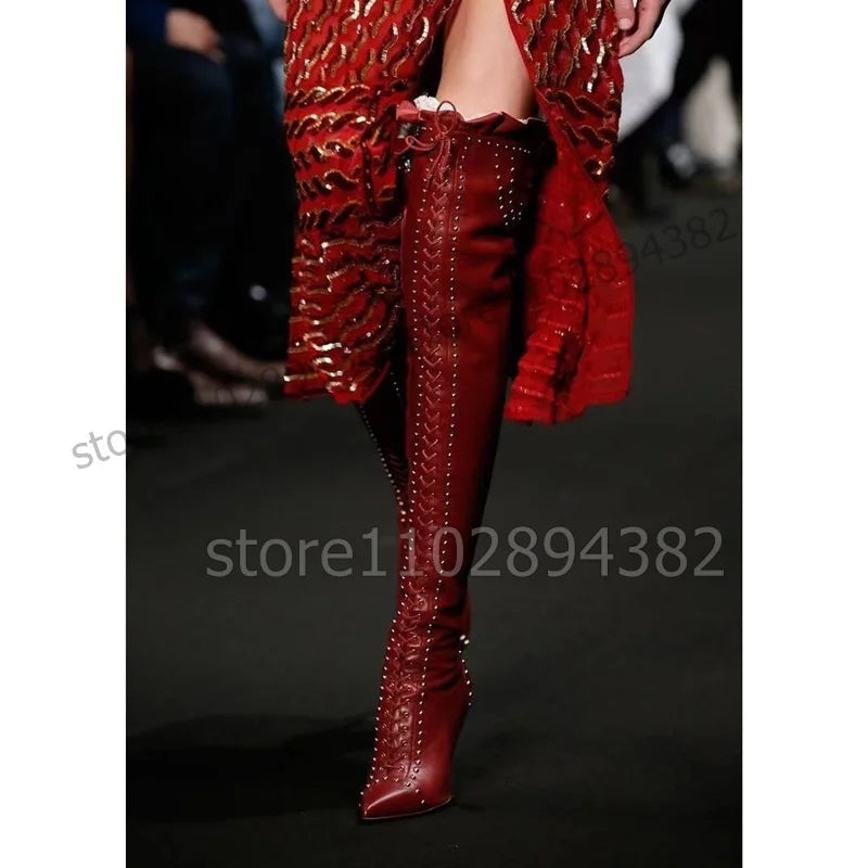 Red Ruffled Rivet Strappy Pointed Toe High Heel Boots For Women