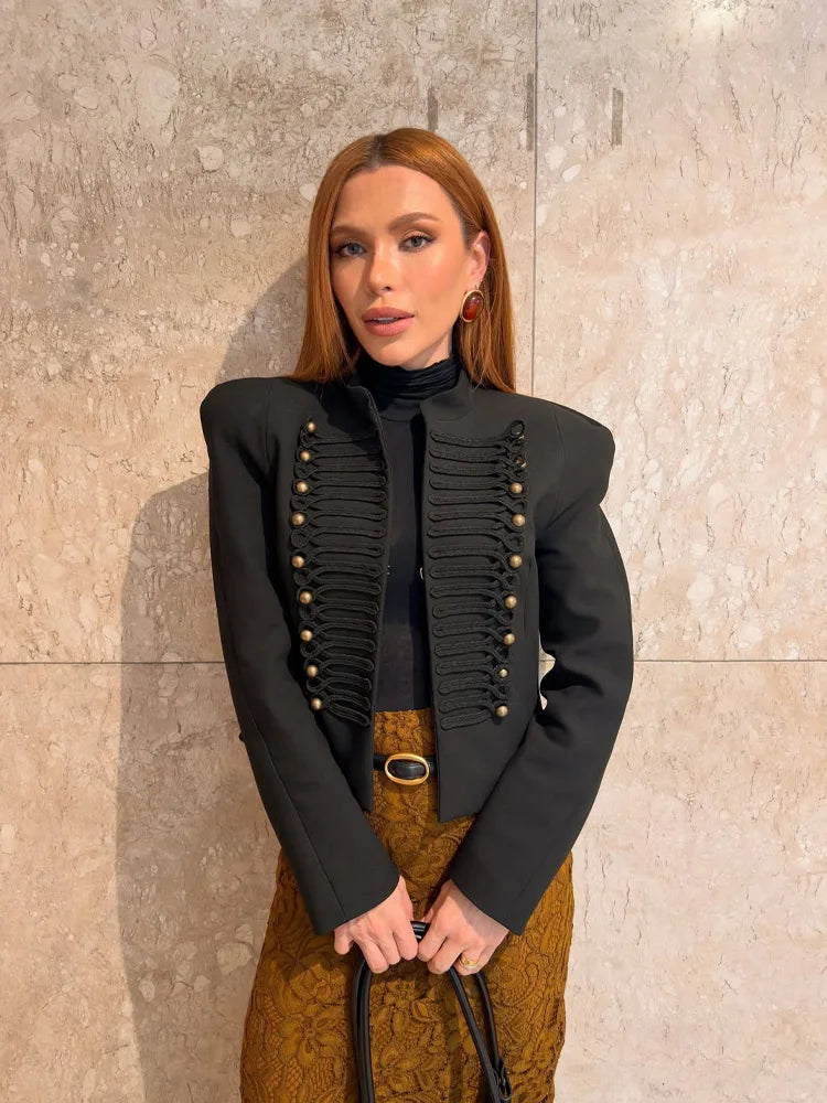 Elegant Black Stand Collar Double Breasted Jacket for Women