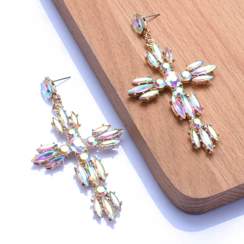 Black Crystal Rhinestone Cross Dangle Earrings for Women
