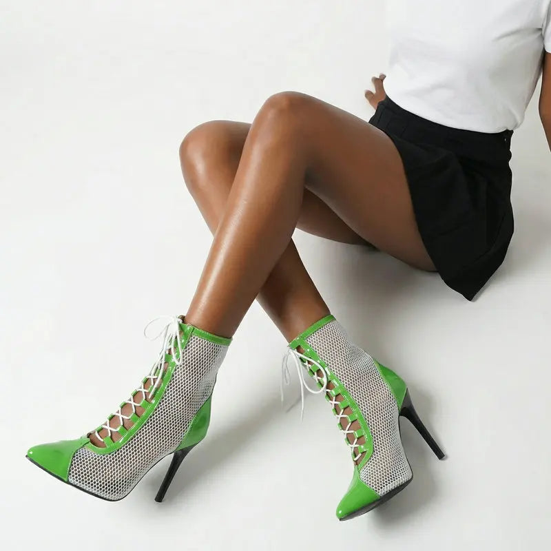 Breathable Mesh Pointy Toe Lace Up Thin Heel Ankle Boots for Women