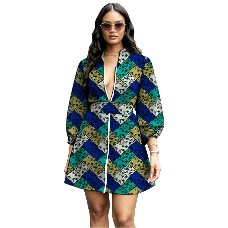 Zipper Belt African Print Loose Bishop Sleeve Dress for Women