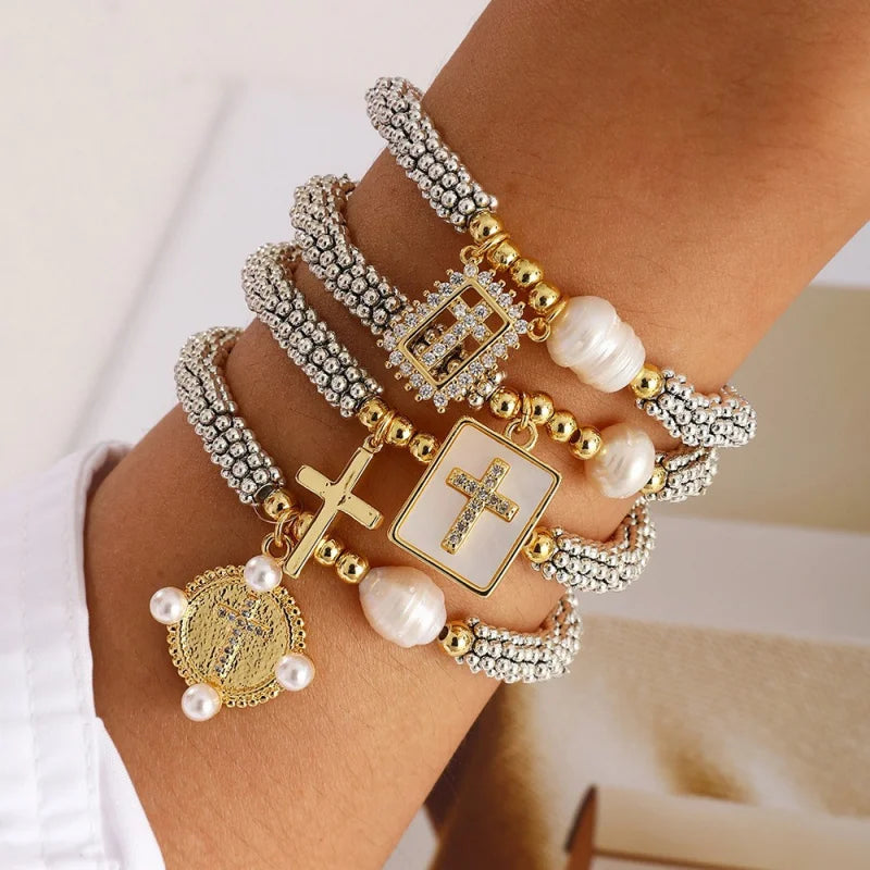 Cubic Zirconia Pearl Cross Bracelet