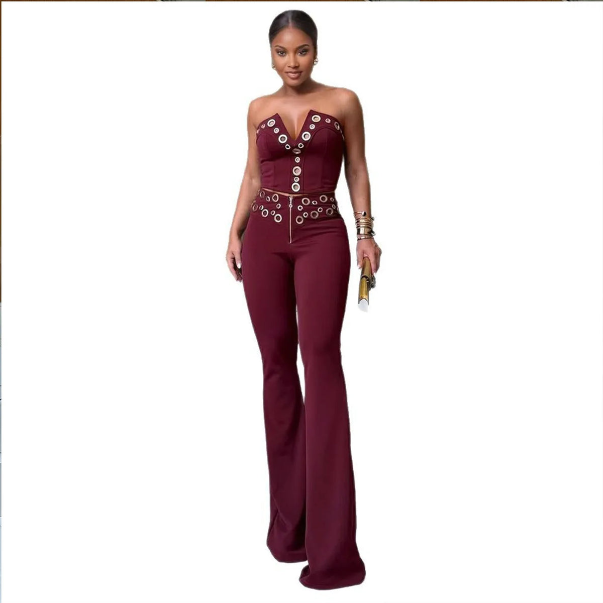 V Neck Top And Wide Leg Pants Set