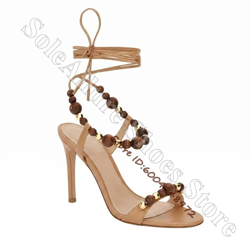Metallic Gold Open Toe Lace Up Wood Bead Stiletto Sandals for Women