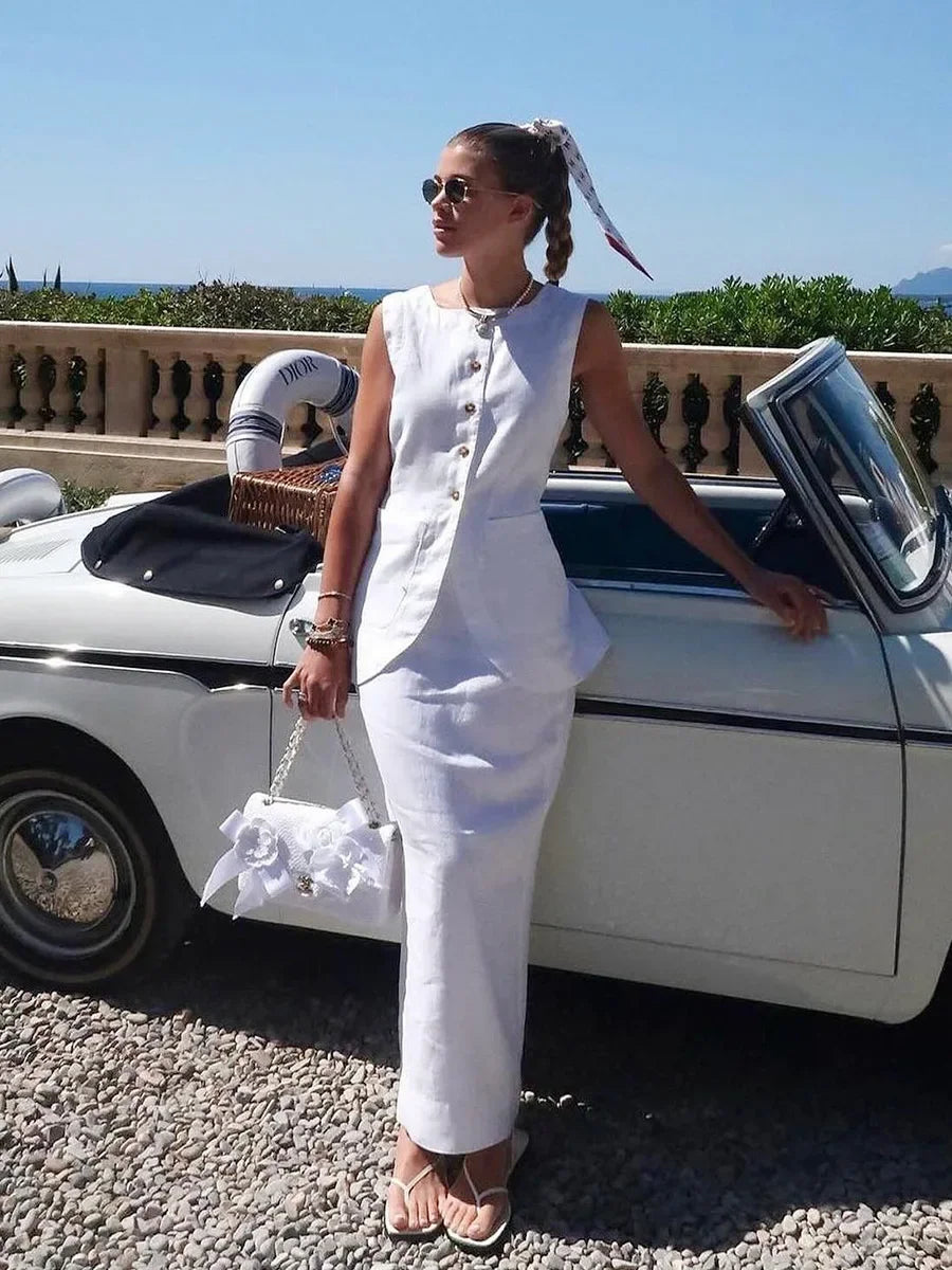 Breathable Linen High Waist Vest And Skirt Set For Women