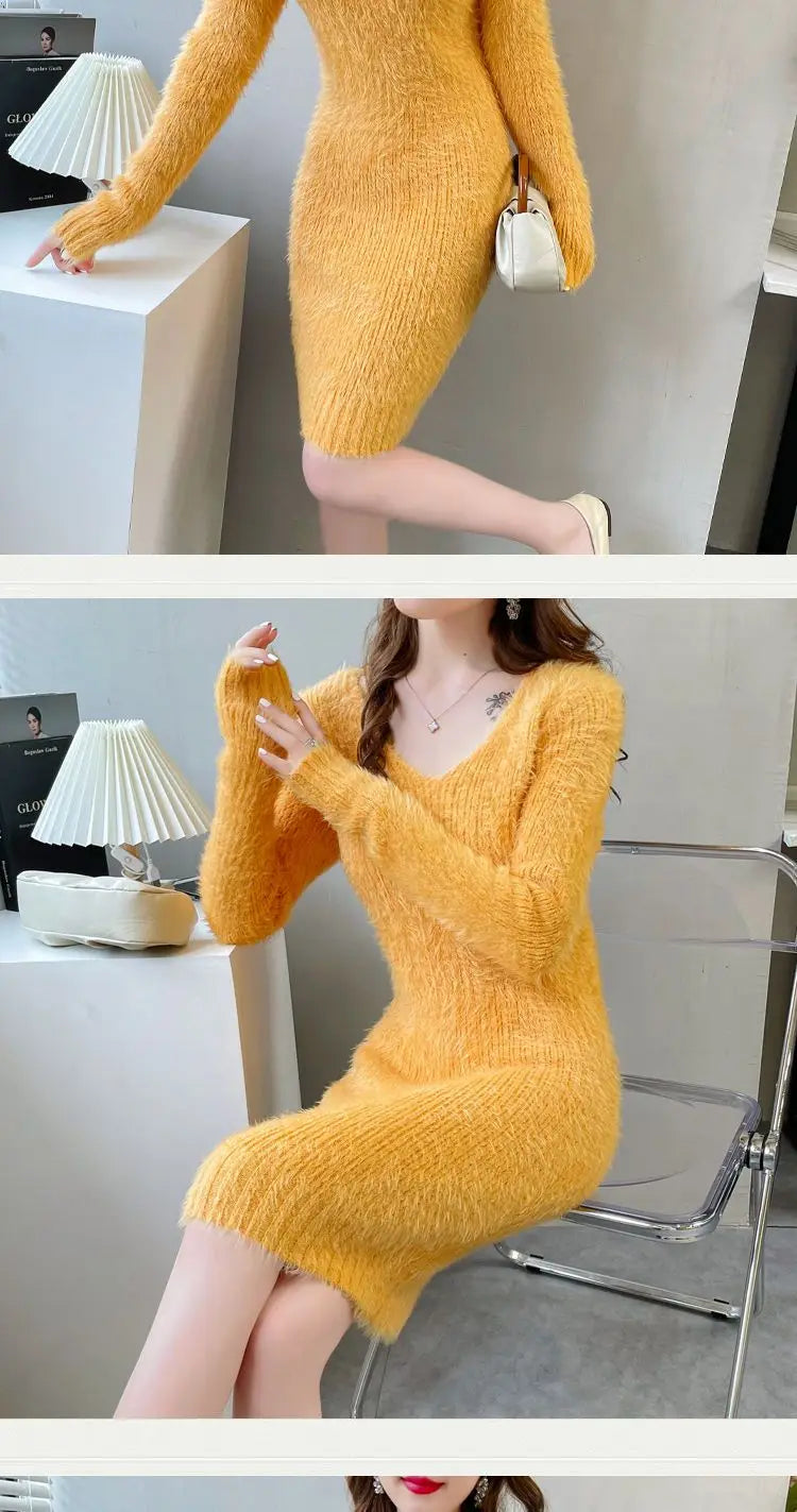 Cozy Faux Mink Knit Sweater Dress
