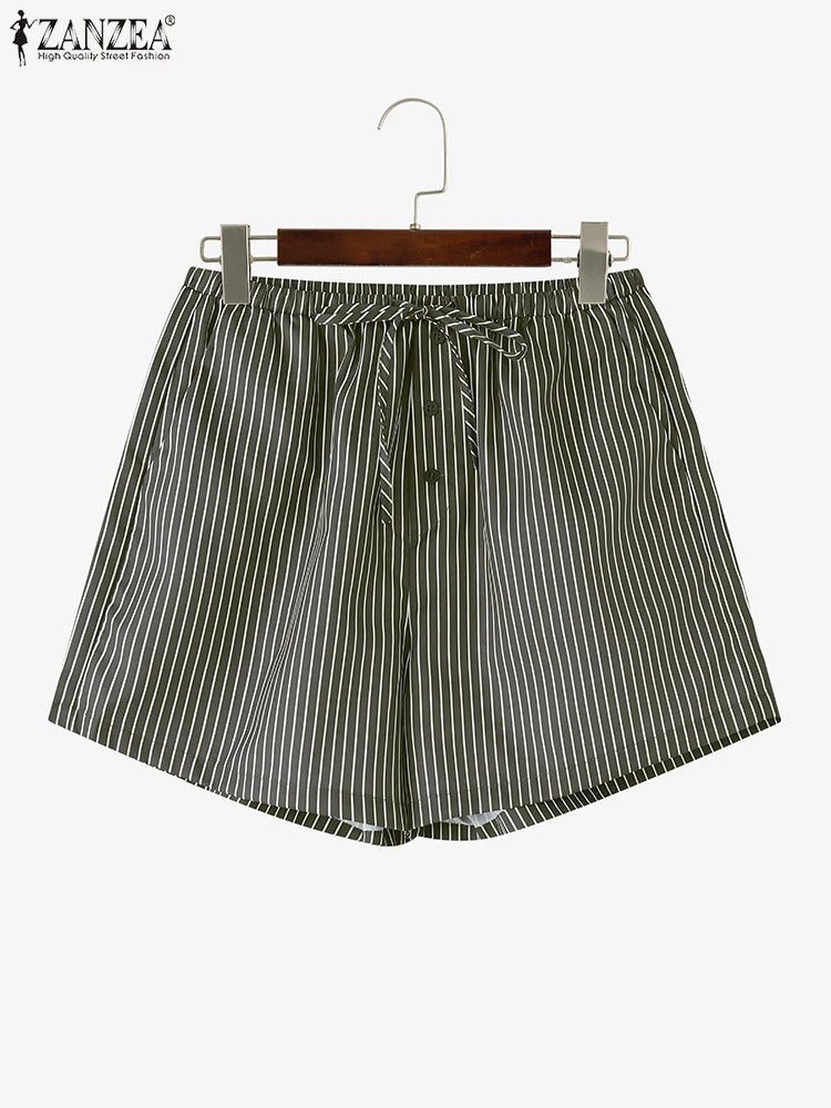 ZANZEA Woman Fashion Striped Shorts 2025 Summer Lightweight Elastic Waist Lace-Up Short Trousers Casual Loose Day Wear Bottoms
