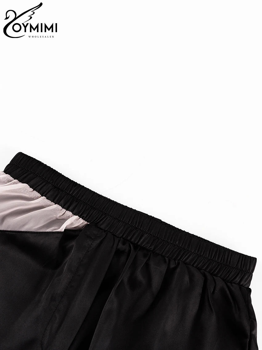 Oymimi Fashion Black Satin Patchwork 2 Piece Set Women Outfit Streetwear Long Sleeve Shirt With High Waist Pant Sets Y2k Clothes