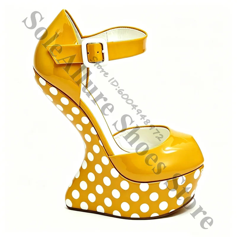 Glossy Polka Dot Buckle Strap Wedge Platform Sandals For Women