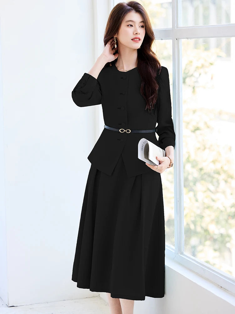 Fashion Women Formal Blazer Skirt Suit Ladies Blue Apricot Black Female Business Work Wear Two Piece Set For Autumn Winter