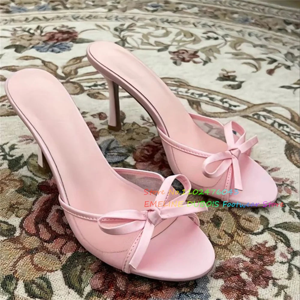 Pink Bow Mesh High Heels Round Toe Stiletto Heel Slip On Designer Brand Outside Solid Color Low Heel Girl Mules Girl Slippers