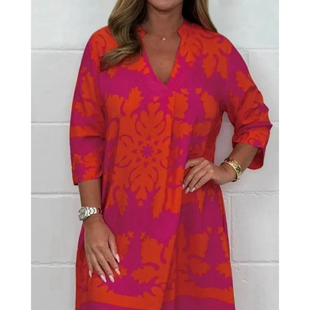 Summer Floral Dress for Women V Neck Three Quarter Sleeve A-Line Loose Midi Dress for Party Evening Gown Vestidos Elegantes