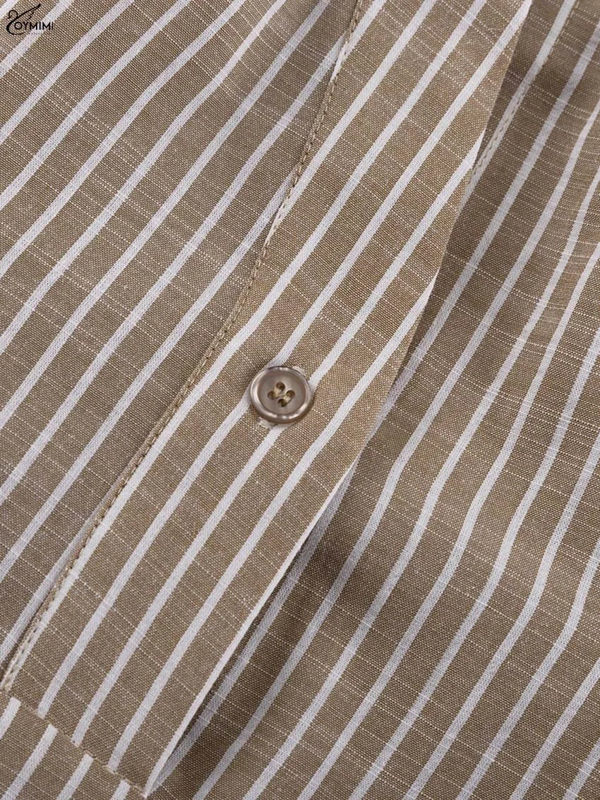 Oymimi Fashion Brown Striped Print Women Top Elegant Long Sleeve Pockets Lace-Up Blouses Spring Casual New Lapel Button Shirts