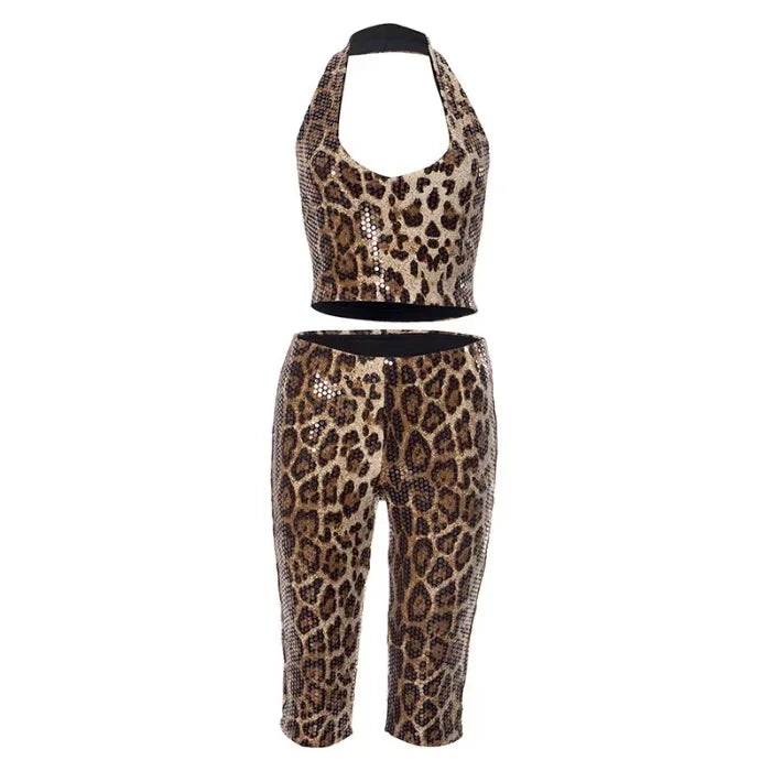 Tank Top Sets for Women Clothing Summer 2025 Sexy Neck Hanging Leopard Print Sequined Sleeveless Vest and Shorts Suit Streetwear