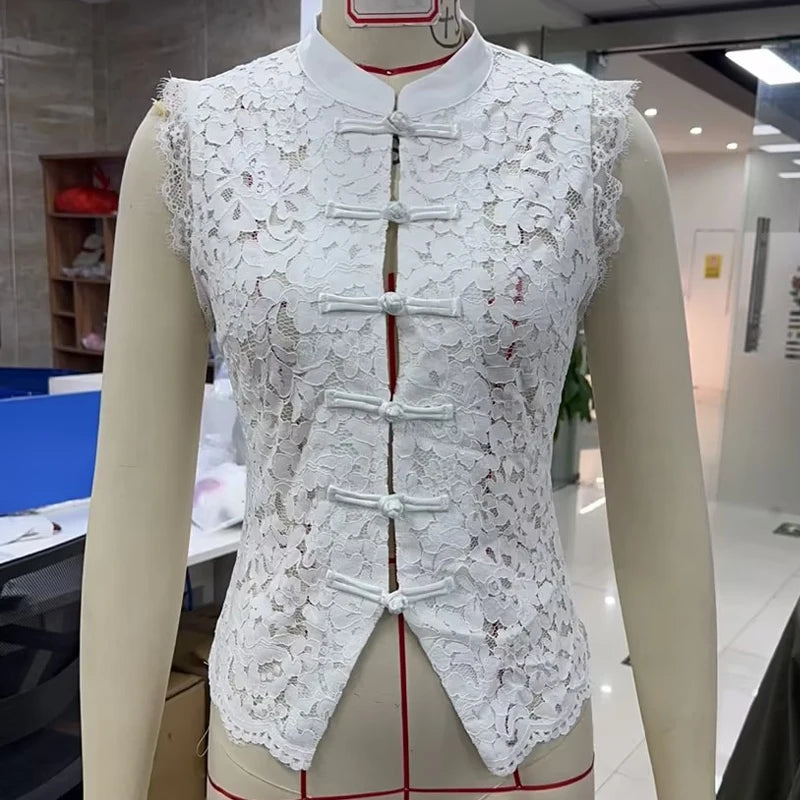 Floral Lace Front Hollow Out Split Mandarin Collar Tank Top for Women