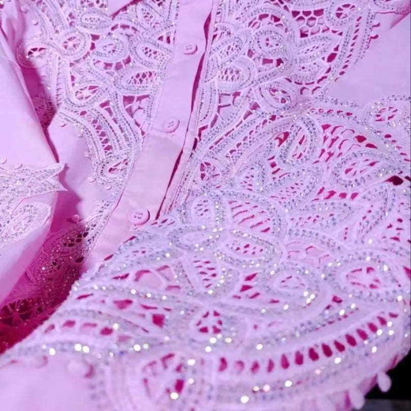 Luxury Bling Sequins Embroidery Pink Blouses Shirts for Women 2025 Autumn Lantern Sleeve Outwear Tops Camisas De Mujer