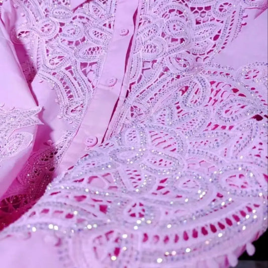 Luxury Bling Sequins Embroidery Pink Blouses Shirts for Women 2025 Autumn Lantern Sleeve Outwear Tops Camisas De Mujer
