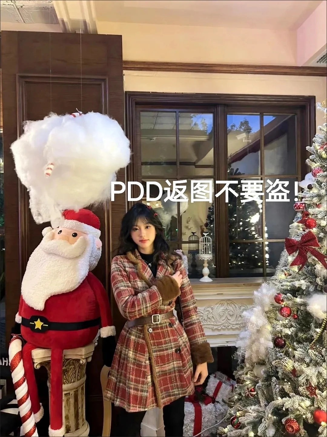 Women's Double Breasted Plaid Coat, Woolen Jacket , V-Neck, Loose Tops, Female Clothes, Sweet, New, Autumn, Winter