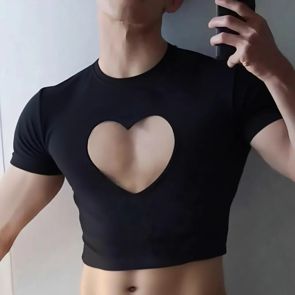 Love Heart Hollow Out Short Sleeve T Shirt for Women