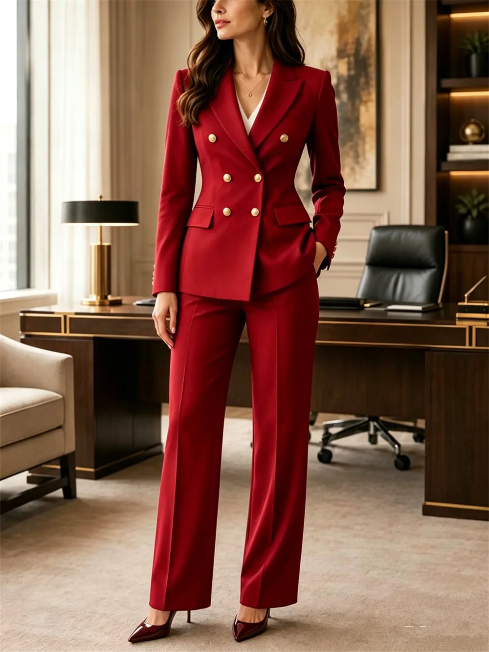 Burgundy Power Women's Suit 2 Pcs Double-Breasted Business Pantsuit Custom Tailored Office & Formal Wear Set (Blazer+Pants)