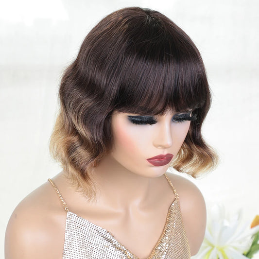 Glueless Highlight Honey Body Wave Pixie Bob With Bangs Human Hair Wig For Women