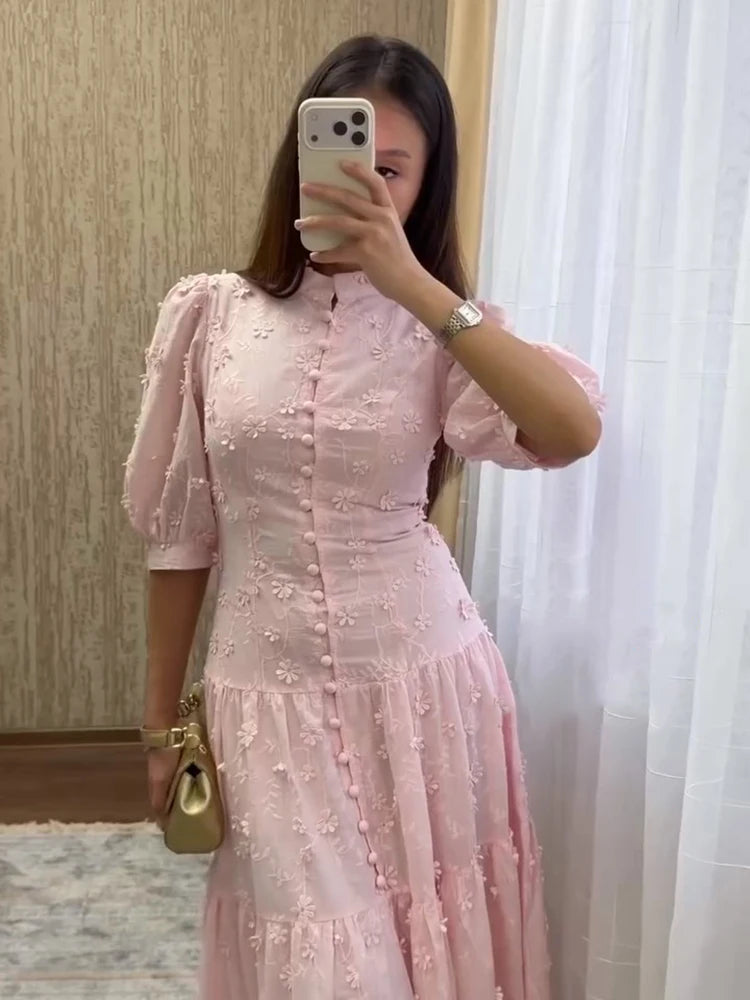 Floral Puff Sleeve Empire Waist Long Dress for Women