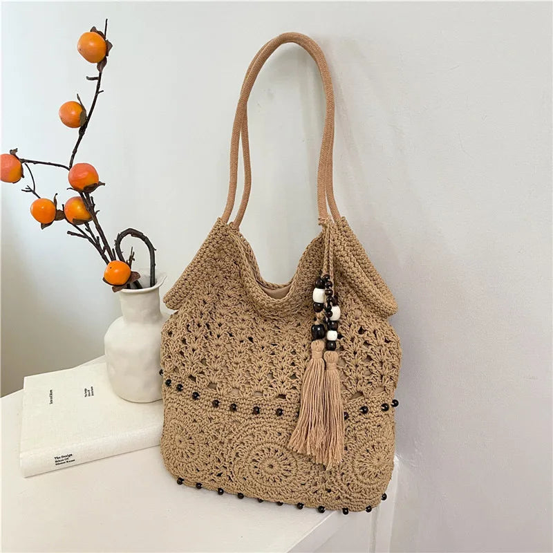 Hollow Crochet Women Bags Bohemian Large Capacity Handbags Korean Popular Bag New Tassel Cotton Shopping Bag Shoulder Bag Women