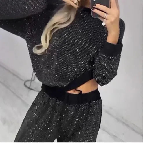 Elegant Sequin Lace Up Two Piece Pants Set for Women