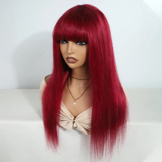 Deep Burgundy Straight Human Hair Wig With Bangs For Women