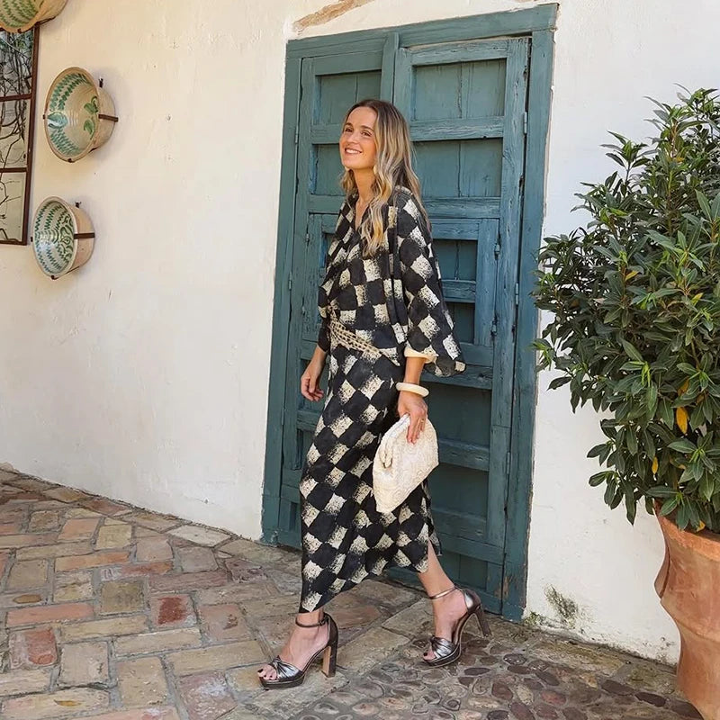 Casual Patchwork Print V Neck Maxi Dress for Women