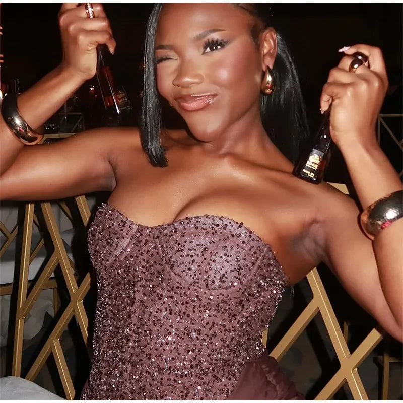 Solid Sexy Strapless Sequin Patchwork Dress Women Sleeveless Backless Cinched-waist Pleated Maxi Dresses Lady Party Evening Gown