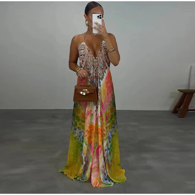 Beach Print Halter Neck Backless Long Dress for Women