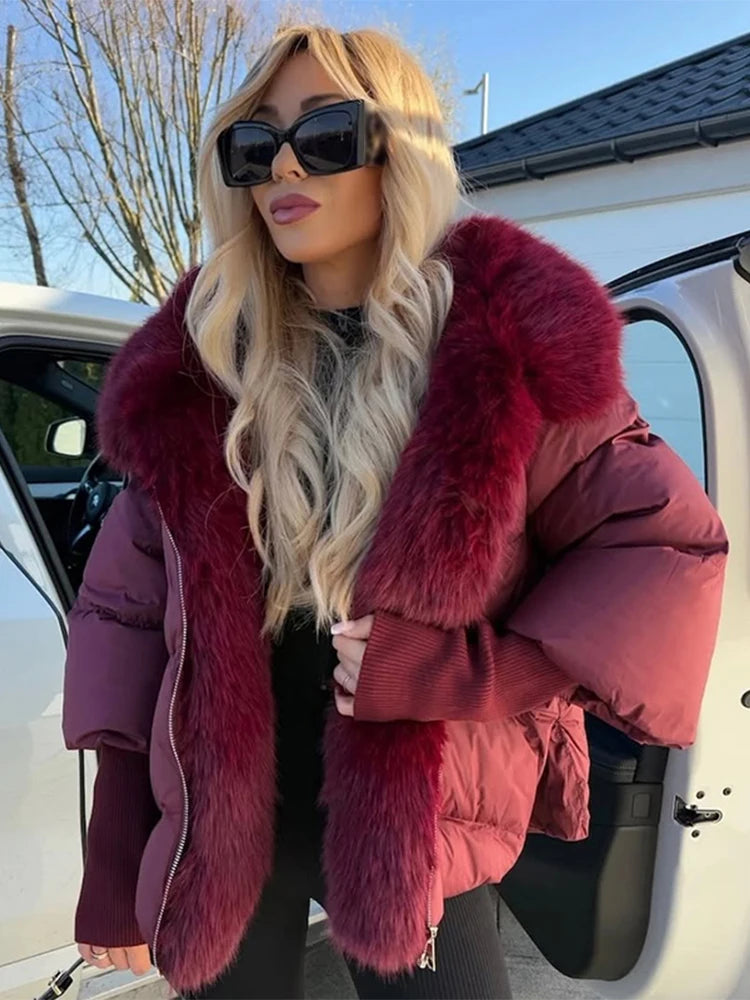Vintage Women's Fur Coat Elegant Furs Collar Puffer Thicken Full Sleeve Jacket With Furs Female 2025 Autumn Winter Woman Coats