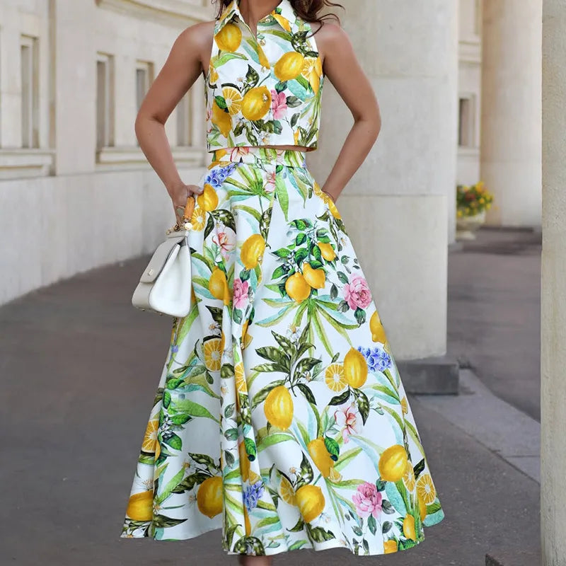 Lemon Print Sleeveless Top With Pocket Two Piece Set for Women