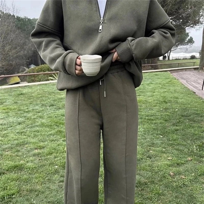 KUCLUT 2025 Autumn Fashion Sport Style Two-pieces Set For Women Half-Zip Pullover Sweatshirt Drawstring Long Casual Pants 1A1109